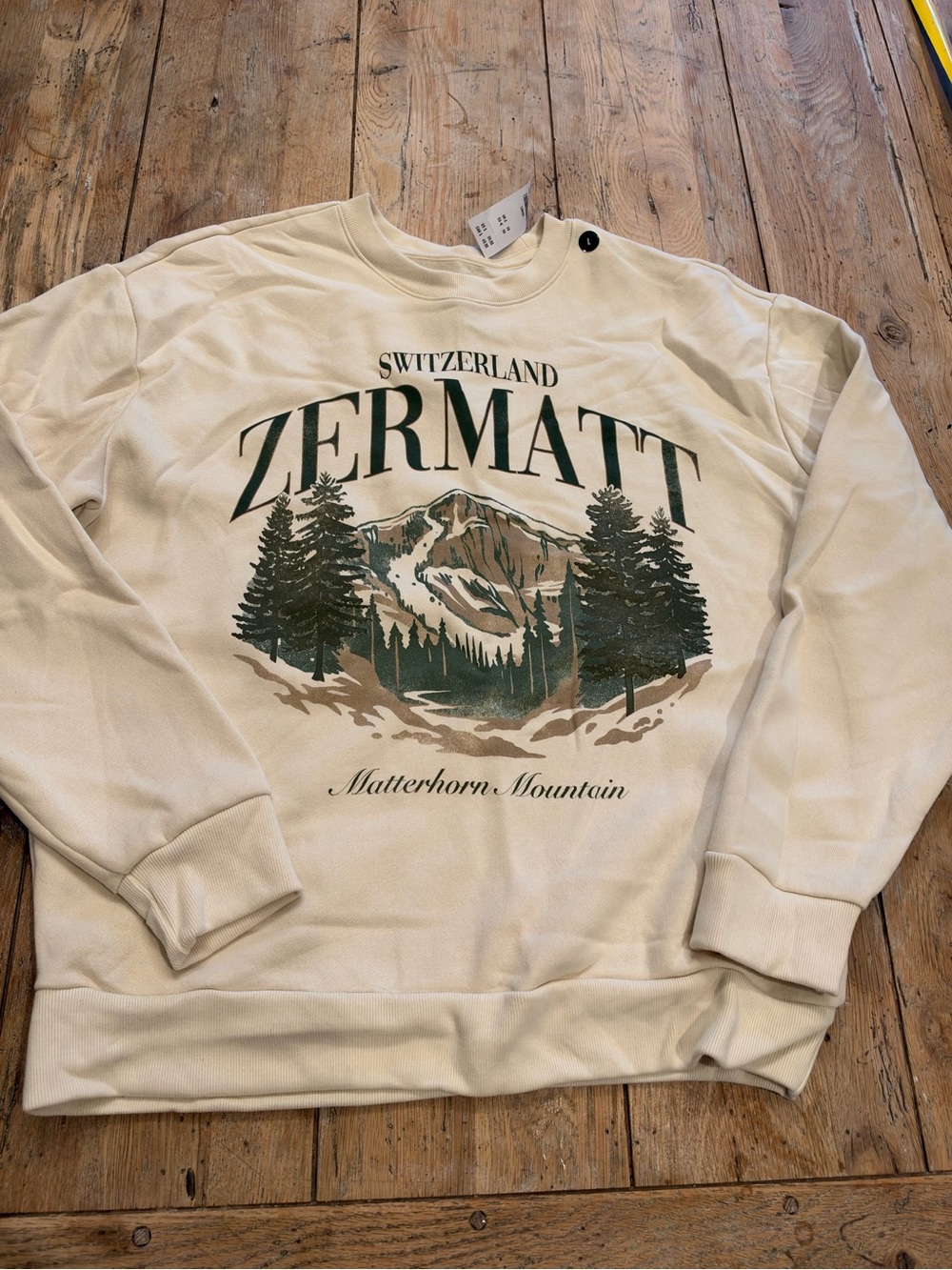 Hollister Cream Crewneck Sweater with Green & Brown Zermatt Graphic L